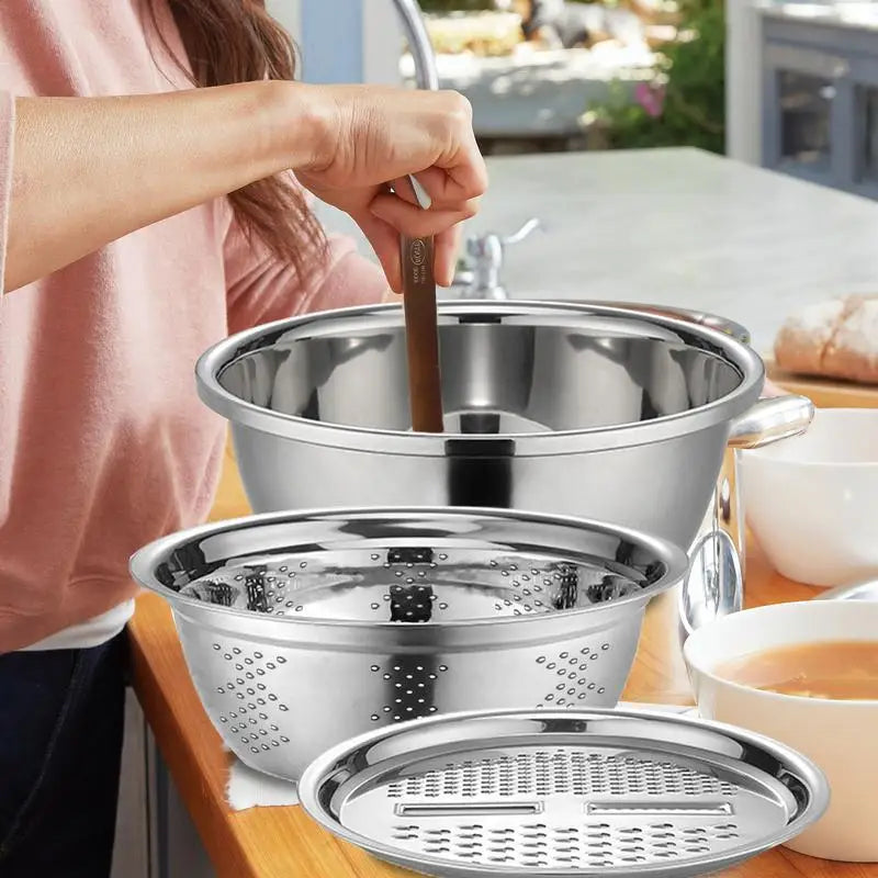 Stainless Steel Vegetable Slicer Grater 3in1 Colanders Basin Grater Bowl Drain Basket Kitchen Household Thickened Drainage Basin