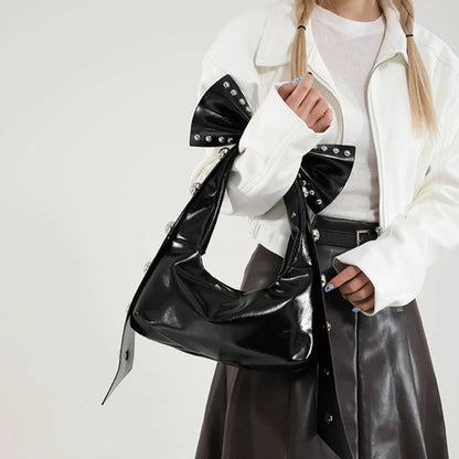 Trendy Handbag for Women with Unique Bows and Rivet Embellishments Stylish PU Leather Women's Shoulder Bag