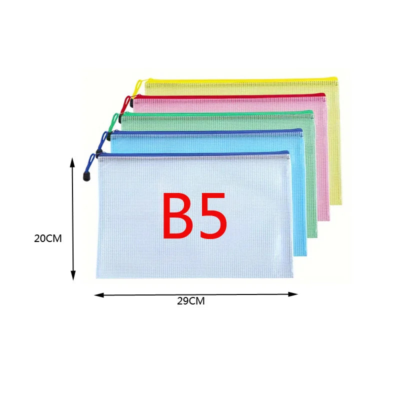 5pcs Transparent Zipper Storage Bag A3 A4 5 Plastic Mesh Waterproof Storage for Files Toys Stationery for Office Home Travel Use