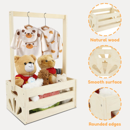 Wood Storage Crate Baby Toys Clothing Organizer Box Children Portable Basket Long Handle Sturdy