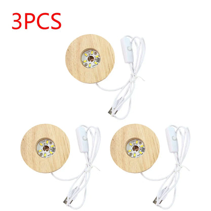 10-1PCS Handmade LED Wood Display Base USB Round Wooden Night Lamp Base Bedroom Resin Ornament Stand DIY Night Light