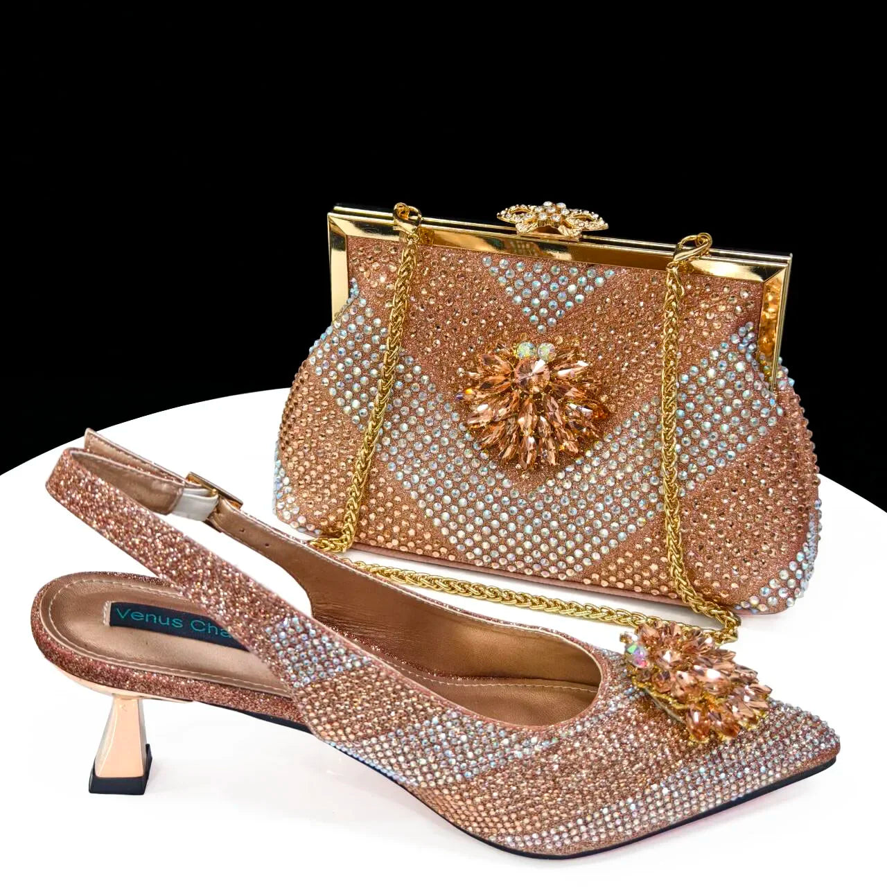 Venus Chan 2024 Green Rhinestone High Heels Pointed Toe Mixed Color Sexy Ladies Shoes With Clutch Bag Set For Luxury Party