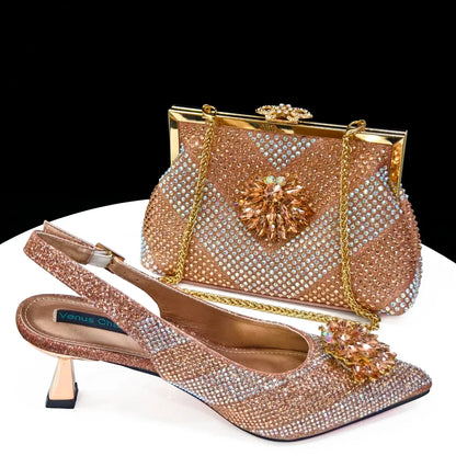 Venus Chan 2024 Green Rhinestone High Heels Pointed Toe Mixed Color Sexy Ladies Shoes With Clutch Bag Set For Luxury Party