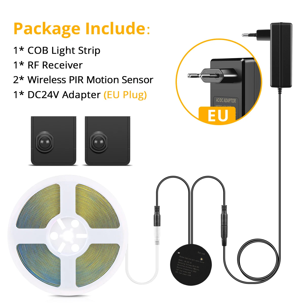 Room Entrance Auto On Off LED Lights RF Receiver + Movable Wireless PIR Motion Sensor COB LED Strip DC24V Indoor Bed Night Lamp