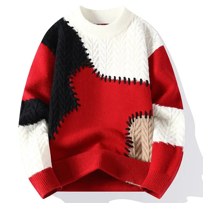 Men Knitted Jumpers Patchwork Sweater O Neck Pullovers Spliced Long Sleeve Jumper Slight Strech Standard Wool 2024 Casual