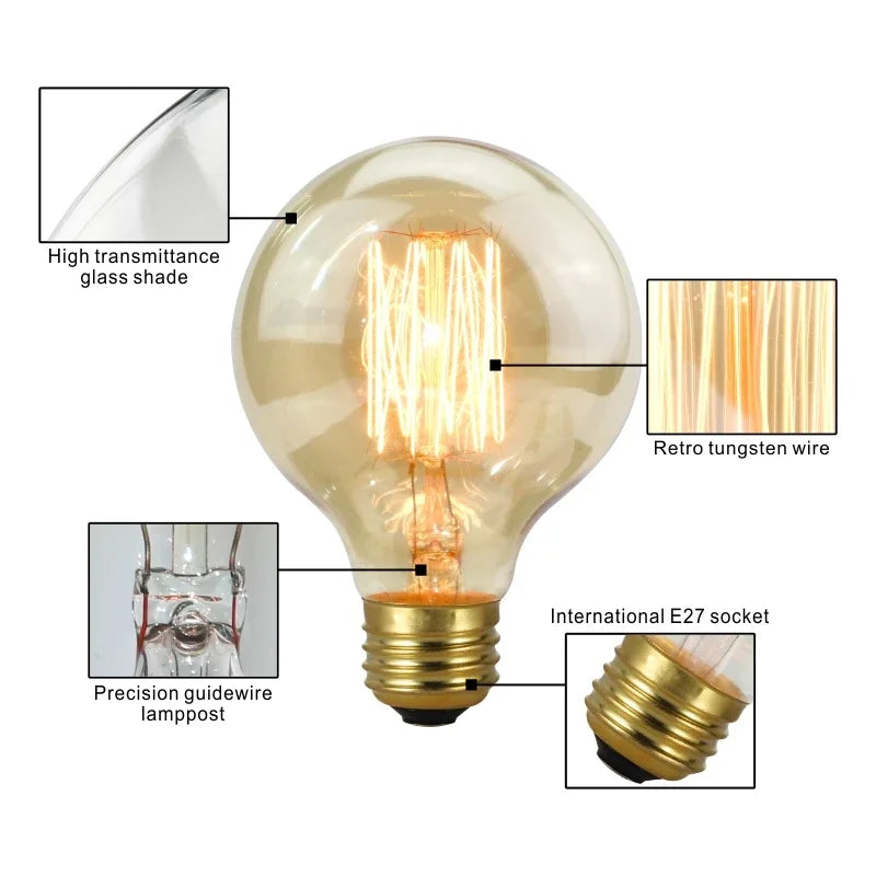 40W Retro Edison Bulb E27 220V Light Bulb A60 ST58 ST64 T10 T45 T185 G80 G95 Filament Vintage Ampoule Incandescent Spiral Lamp