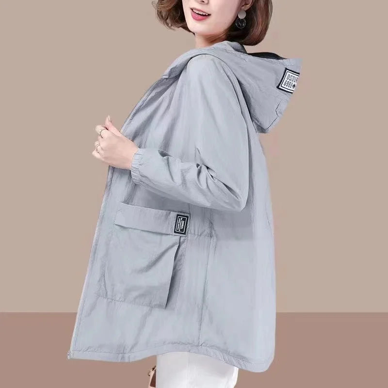 Spring Summer Women's Jacket Long Sleeve Tops Hooded Coat 2024 Thin Sun Protection Clothing Outdoor Sports Windbreaker Female