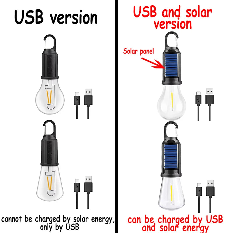 Solar Powered LED Camping Lamp Bulbs USB Charging Night Lights Waterproof Portable Hook Up Handheld Lamp for Outdoor Fishing