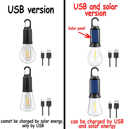 Solar Powered LED Camping Lamp Bulbs USB Charging Night Lights Waterproof Portable Hook Up Handheld Lamp for Outdoor Fishing