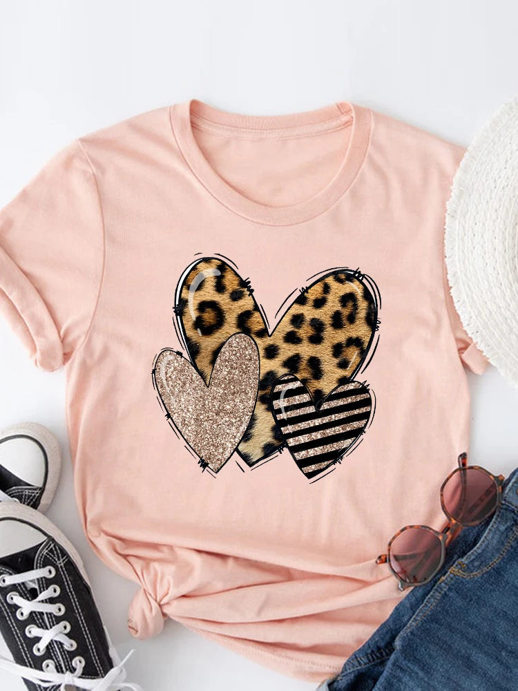 Summer Clothing leopard love heart sweet Fashion Women Tee T-shirts Casual Short Sleeve Regular Female Graphic T Shirt Clothes