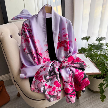 90*180cm Fashion Luxury Silk Scarf Women flowers Soft Smooth Scarves Wrap Hijab Outdoors Muffler Long Shawl Beach sun protection