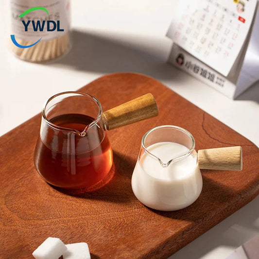 YWDL 60/110ml Wood Handle Glass Espresso Cup Milk Pitcher Single Mouth Jug Coffee Supplies Clear Kitchen Creamer Measure Mug