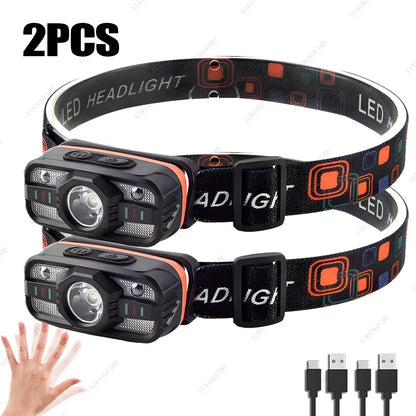Smart IR Motion Sensor Headlamp Type-C USB Rechargeable Headlight Warning Light Waterproof Head Lamp Induction Head Flashlight