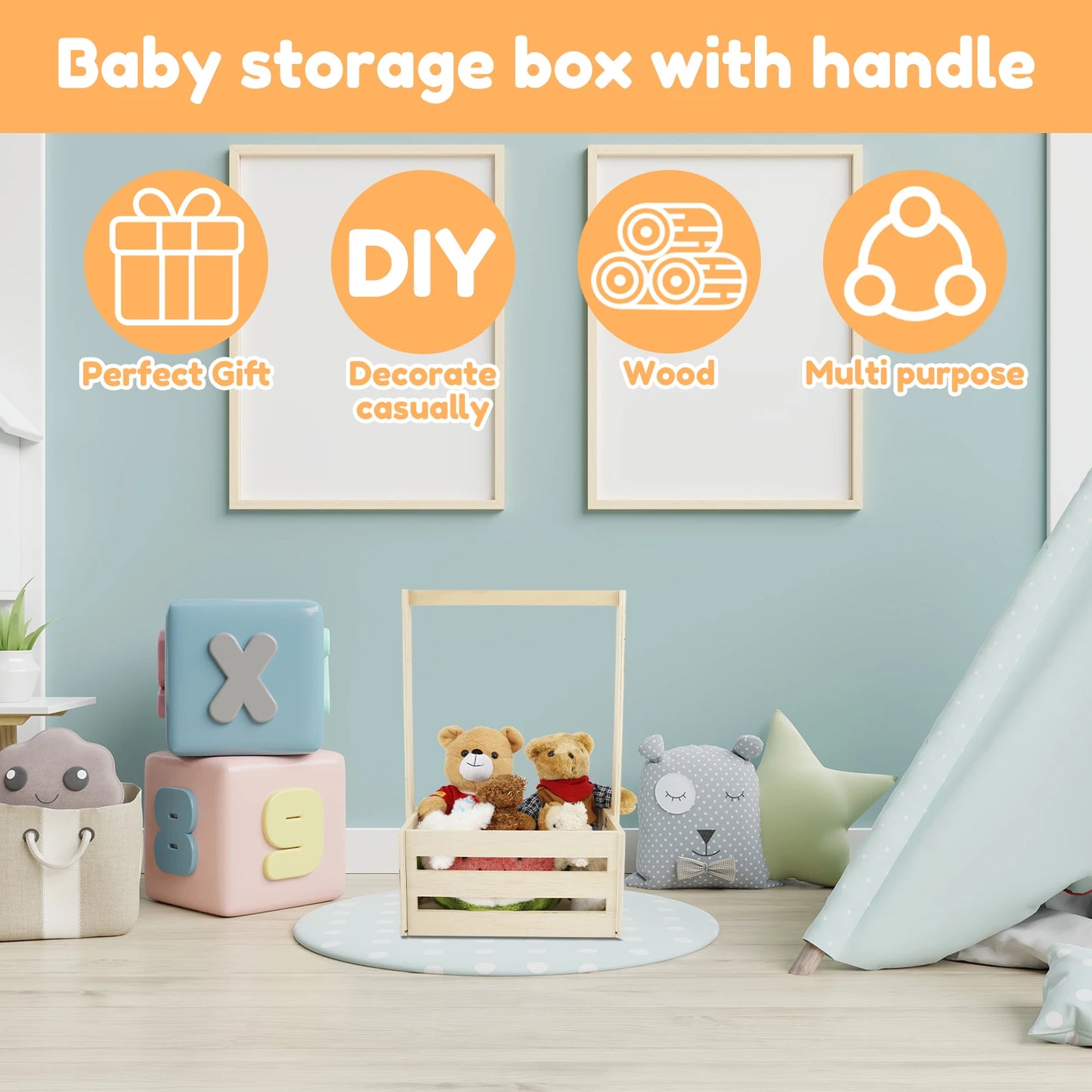 Wood Storage Crate Baby Toys Clothing Organizer Box Children Portable Basket Long Handle Sturdy