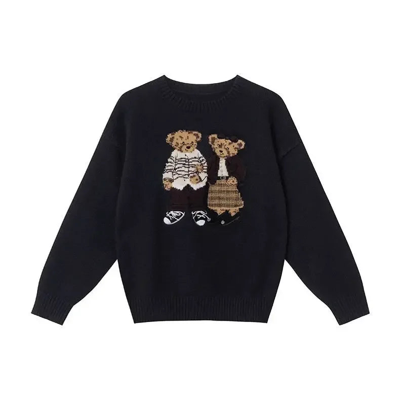 Sweater cartoon small bag core yarn needle retro women's  loose round neck knitted sweater new print black