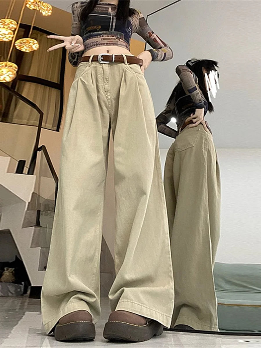 Khaki High Waist Straight Leg Wide Leg Pants Loose Slimming Workwear Casual Pants Spring Autumn Long Pants Retro Women Pants
