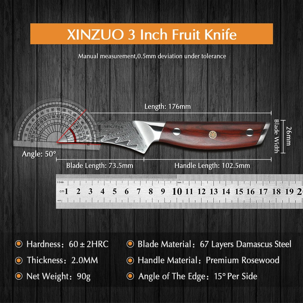 XINZUO 3" PRO Fruit Knife Damascus Steel Kitchen Knives Tools Japanese VG10 Core Razor Sharp Blade with Rosewood Handle