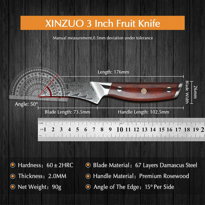 XINZUO 3" PRO Fruit Knife Damascus Steel Kitchen Knives Tools Japanese VG10 Core Razor Sharp Blade with Rosewood Handle
