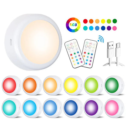 USB Rechargeable LED Puck Light Wireless RGBW Colors Night Light With Remote Control For Bed Room Closet Kitchen
