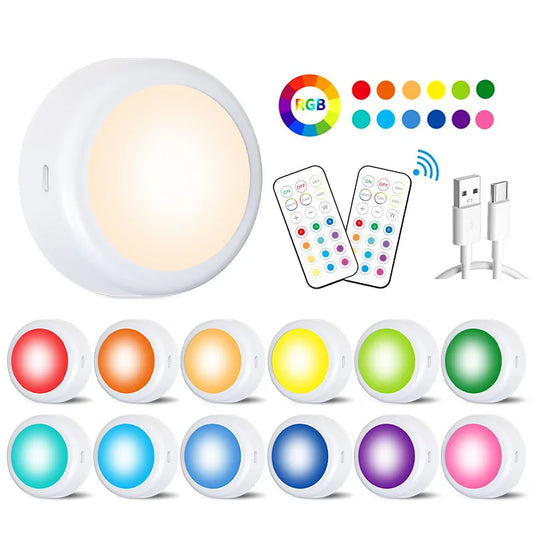 USB Rechargeable LED Puck Light Wireless RGBW Colors Night Light With Remote Control For Bed Room Closet Kitchen