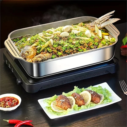 Stainless Steel Rectangular Baking Tray Food Barbecue Bakeware Fruit Bread Storage Plate with Handle Deep Pan Dish Kitchen Tools