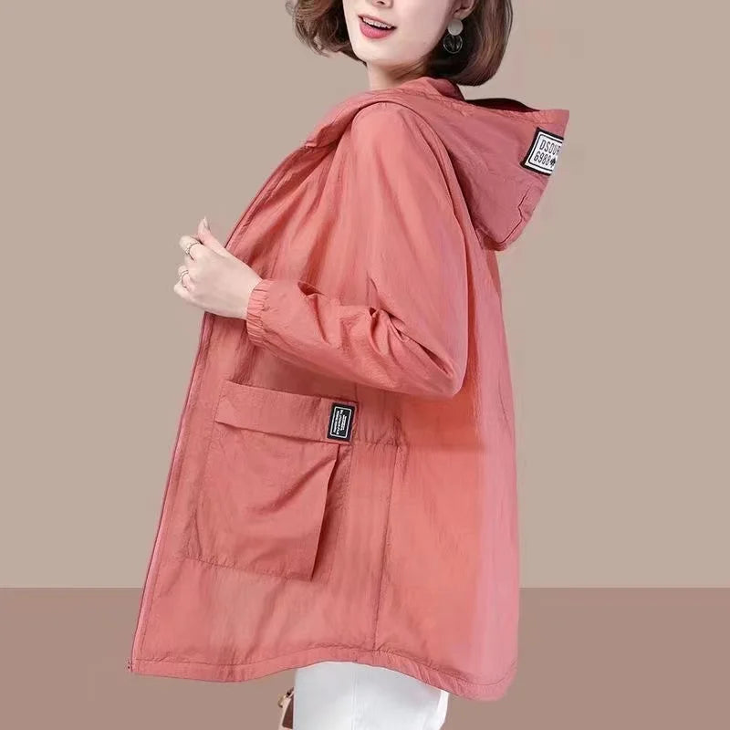 Spring Summer Women's Jacket Long Sleeve Tops Hooded Coat 2024 Thin Sun Protection Clothing Outdoor Sports Windbreaker Female
