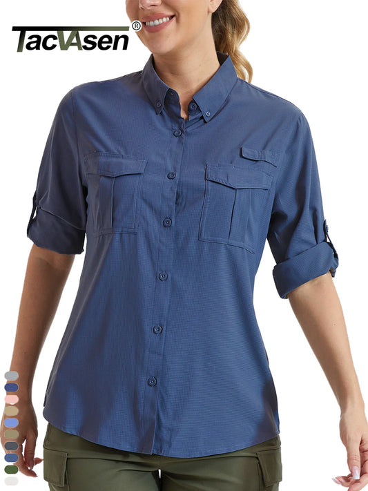 TACVASEN Quick Dry Hiking Fishing Blouse Womens Long Sleeve Button Down Outdoor Camping Shirts Breathable Sun Protection Tops