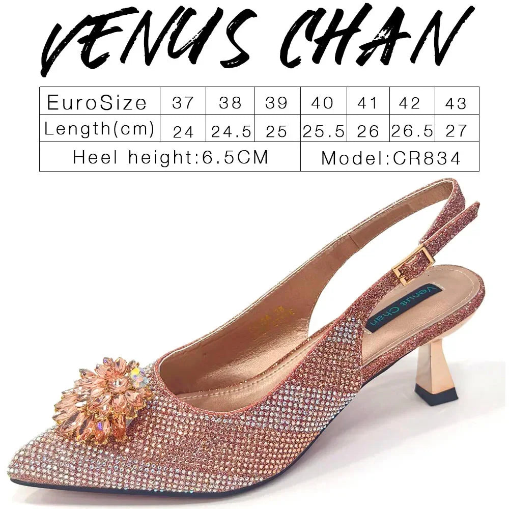 Venus Chan 2024 Green Rhinestone High Heels Pointed Toe Mixed Color Sexy Ladies Shoes With Clutch Bag Set For Luxury Party