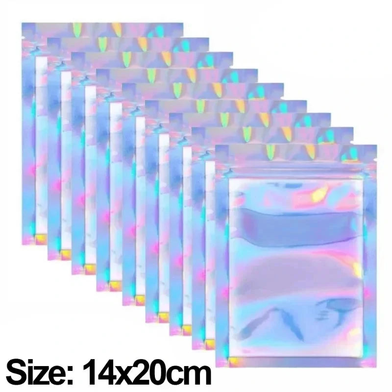 100/10PCS Laser Sealing Bags Plastic Holographic Candy Food Pouch Resealable Necklace Jewelry Gift Packaging Kitchen Storage Bag