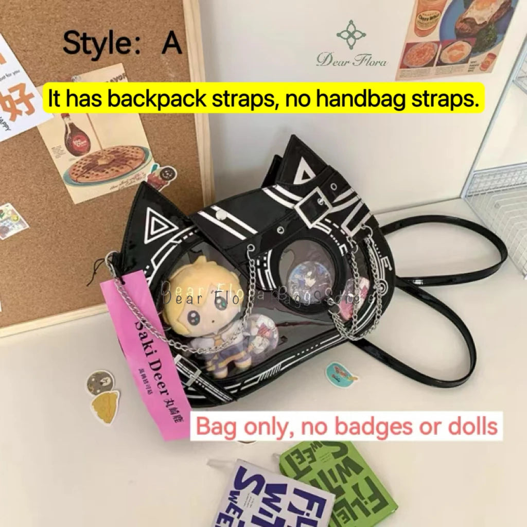 Y2K Kawaii Cat Ita Bag Cute PU Backpack Girls Transparent Pocket Harajuku Crossbody Bag Women's Fashion DIY Display Shoulder Bag