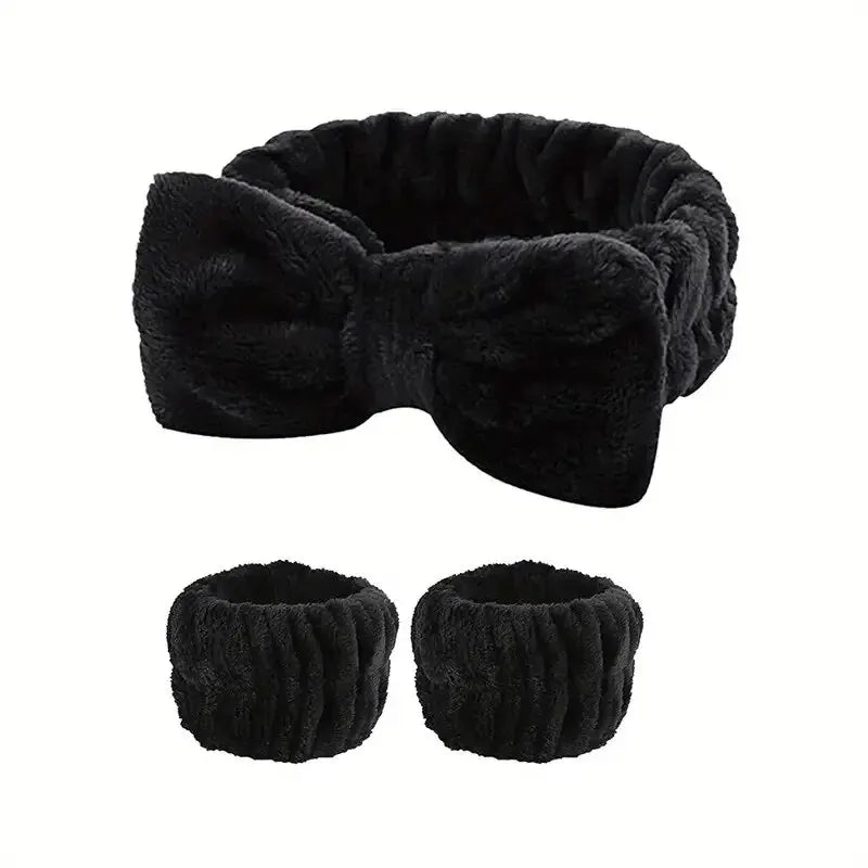 3Pcs Bow Headband Wristband Set Towel Elastic Soft Washing Face Shower Make Up Yoga Sports Skincare Headband For Women Girls