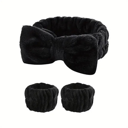 3Pcs Bow Headband Wristband Set Towel Elastic Soft Washing Face Shower Make Up Yoga Sports Skincare Headband For Women Girls