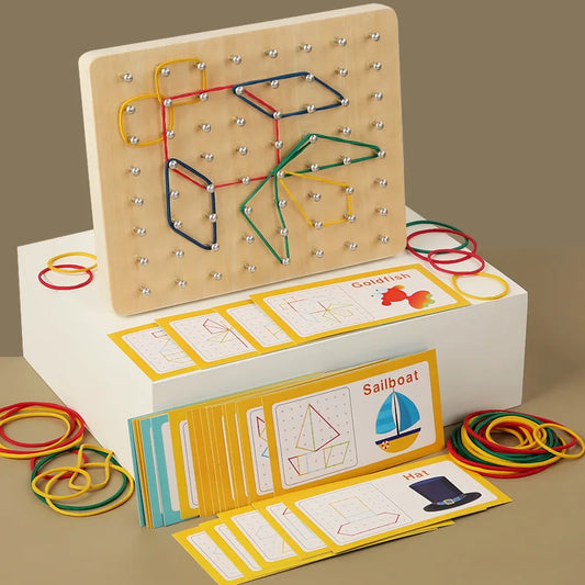 Wooden Puzzle Toys Geometric Shape Rubber Band Nailboard Game Kids Montessori Educational Creative Toy Fine Motor Training