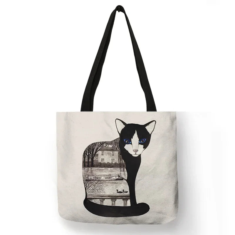Black Cat Print Animal Art Painting Shopping Hand Bag Women Shoulder Bag Eco Large Graphic Tote Shopper Bag  for Boutique