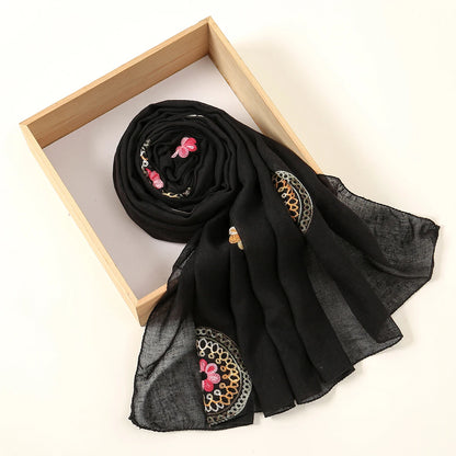 Women Foulard Embroidered Cotton linen Scarf Bandana Elegant Long Shawl Hijab Summer Sun Protection Floral Scarfs Vintage Tippet