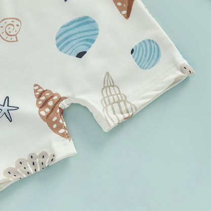 Toddler Boys Rash Guard Swimsuit Playsuits Seashell Print Zipper Short Sleeve Sun Protection Bathing Suit with Swim Cap