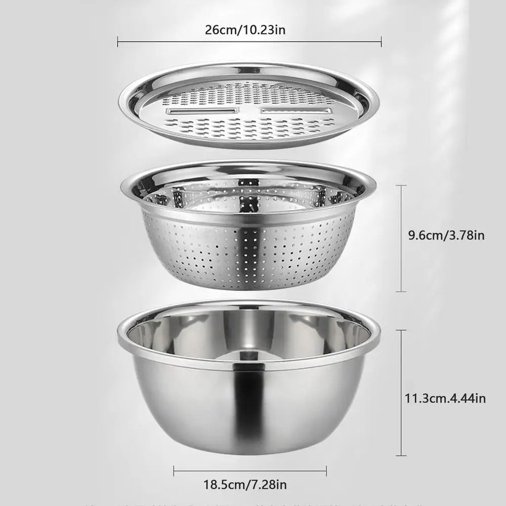 Stainless Steel Vegetable Slicer Grater 3in1 Colanders Basin Grater Bowl Drain Basket Kitchen Household Thickened Drainage Basin