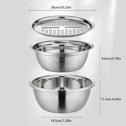 Stainless Steel Vegetable Slicer Grater 3in1 Colanders Basin Grater Bowl Drain Basket Kitchen Household Thickened Drainage Basin