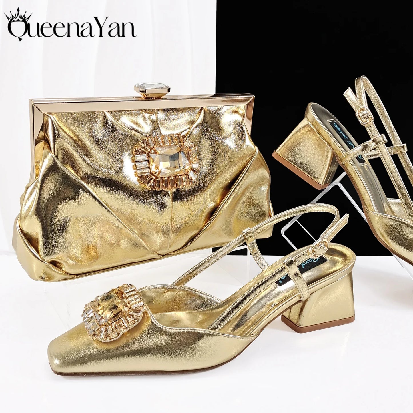 Queena Yan Italian Rhinestone-Studded Pointed-Toe High Heel Shoes or with Matching Bag Set – Stylish & Comfortable Women's shoe
