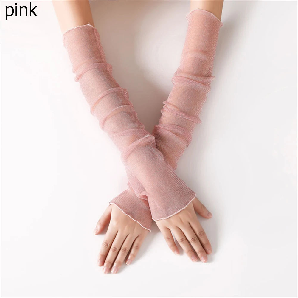 Summer Fashion Lady Gauze Sun Protection Sleeves Gloves Women Thin Long Fingerless Arm Warmers Sunscreen UV Breathable Mittens