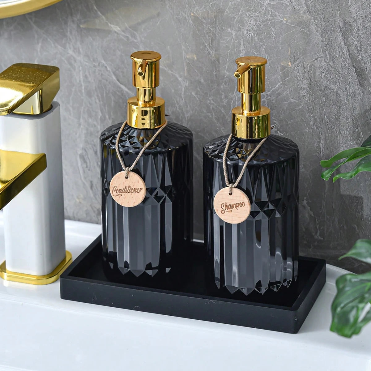 Soap Dispenser Rhombus Lotion Bottle Bathroom and Kitchen Sink Dish Soap Hands Soap Shampoo Container with Silicone Tray Tags