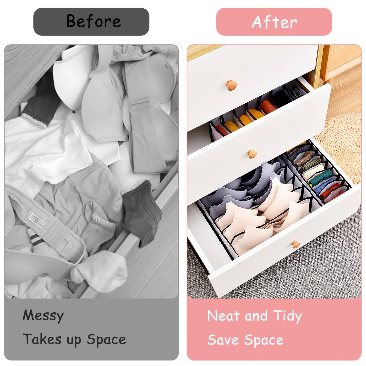 [Foldable Nylon Bra Organizer] 5pcs Foldable Nylon Bra Organizer - Closet Underwear Organizer Drawer Divider for Women - Includes 6/7/7/11/11 Cell for Lingerie, Underwear, Socks, Ties (Black)