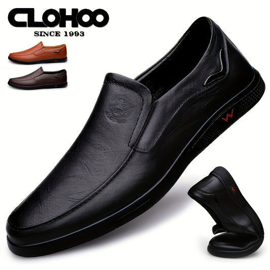 CLOHOO Men's Slip-On/Slip-Resistant Genuine Leather-like (Split Cowhide) Shoes - All-Season Casual & Dressy -like Sneakers with PU, Non-Skid Rubber Sole, Black/Brown for Business, Vacation, Casual Attire (No Laces)