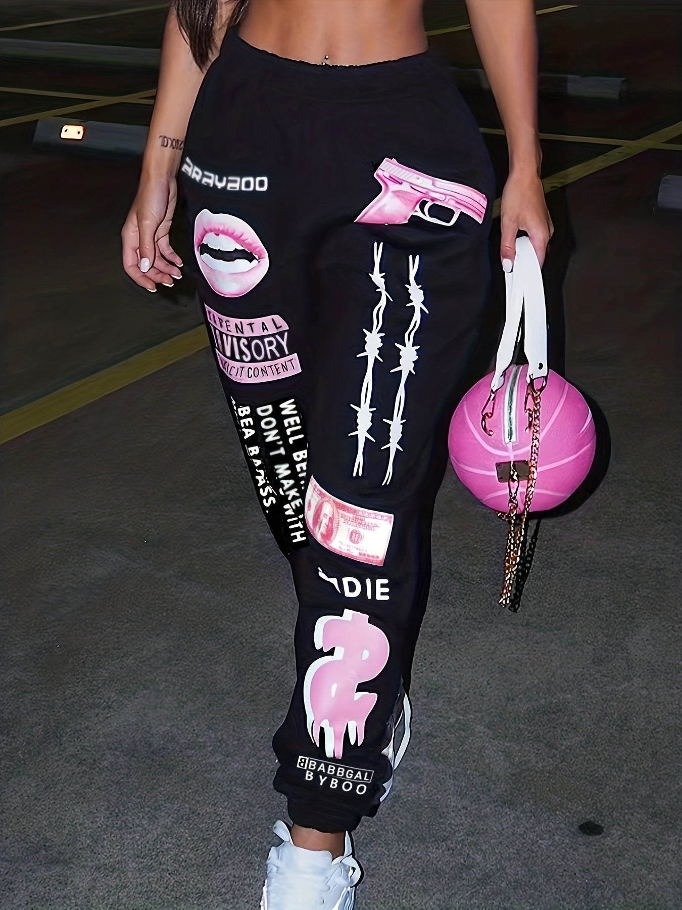 TB5553 Plus Women's Print Fashion Elastic Waist Sports Casual Sweater Oversize Pants Bottom