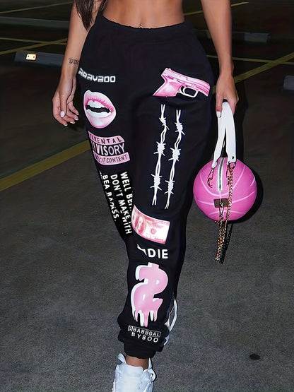 TB5553 Plus Women's Print Fashion Elastic Waist Sports Casual Sweater Oversize Pants Bottom