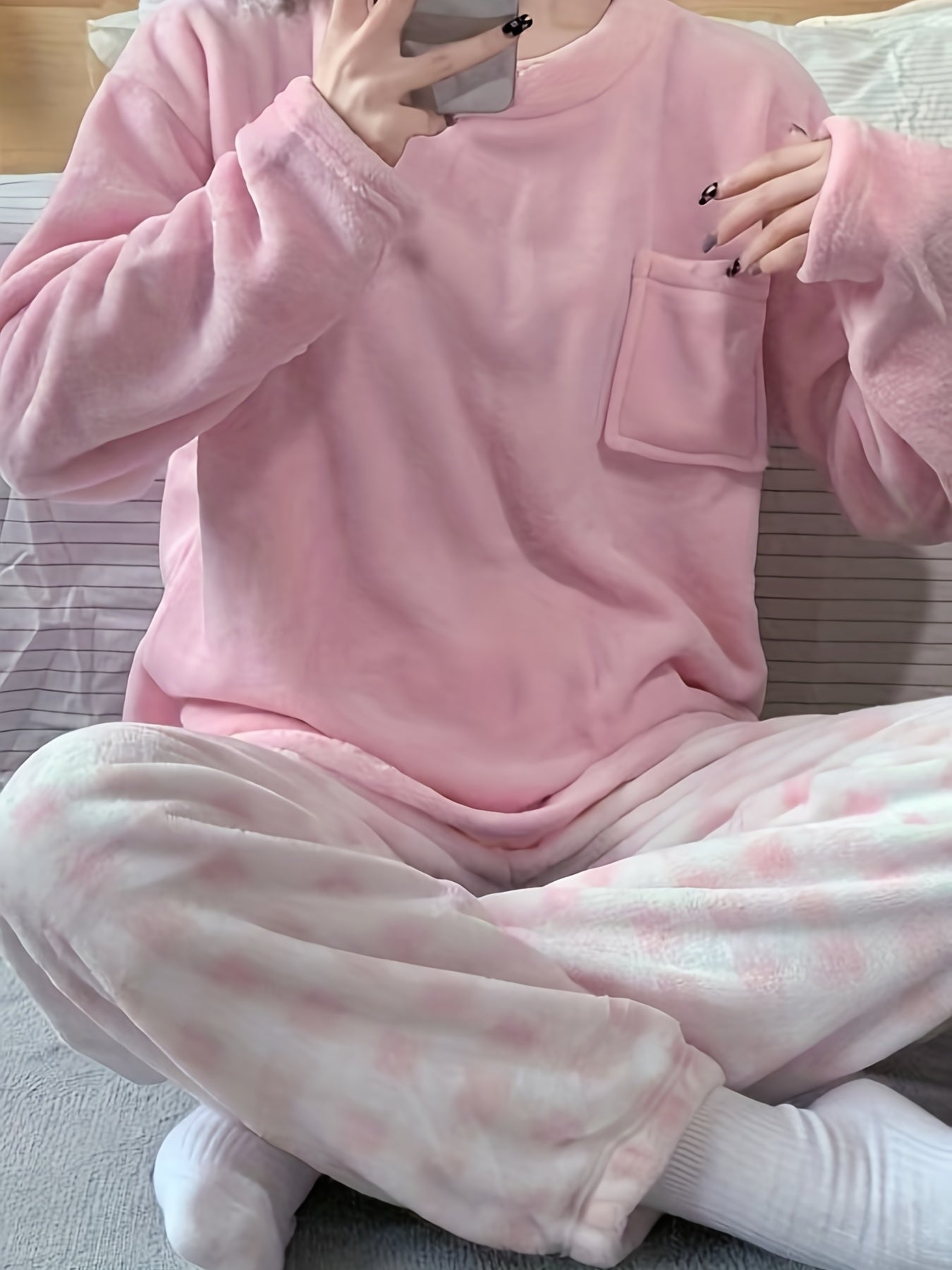 Velvet Plaid Winter Warm Pajama Set, Solid Color Casual Home Wear Set