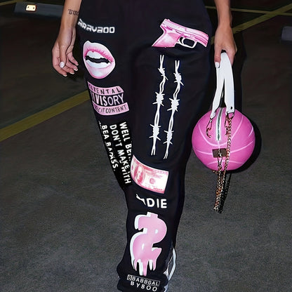 TB5553 Plus Women's Print Fashion Elastic Waist Sports Casual Sweater Oversize Pants Bottom