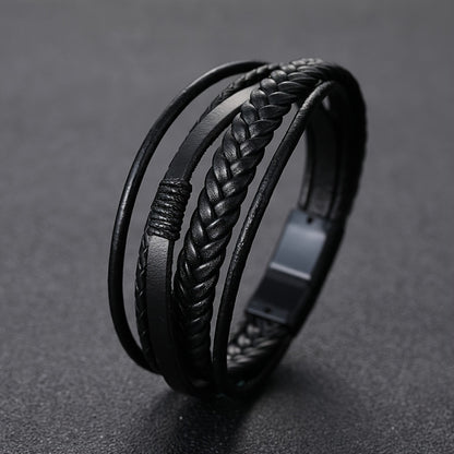 1pc Men's Hand-Woven Multi-Layer Leather Bracelet with Buckle Closure - Stylish Faux Leather Cuff, Durable & Versatile Accessory for Casual or Formal Wear