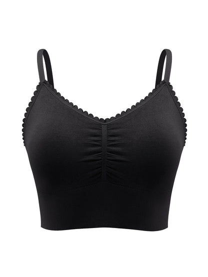 Women'S Plus Size Lace Wireless Bralette, Solid Color Polyamide 90% Elastane 10% Knit Fabric, High Stretch Comfort Full Coverage Sleep Bra, Removable Padding, Breathable Lingerie