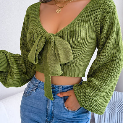 Sexy Bowknot V Neck Crop Sweater, Casual Lantern Long Sleeve Loose Fall Winter Knit Sweater, Women's Clothing